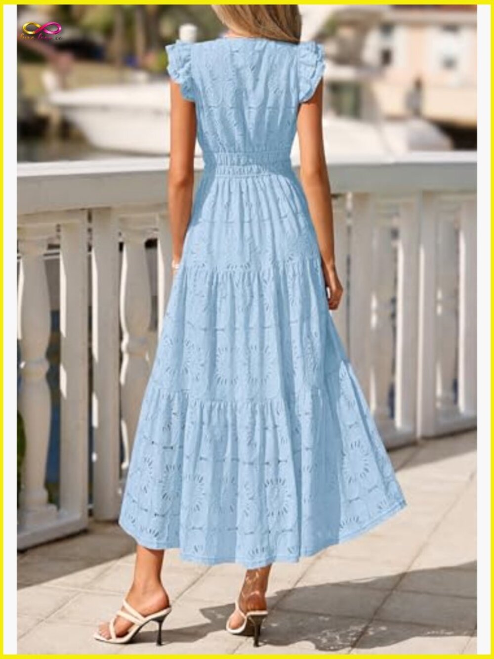 Boho Maxi Dress V Neck Eyelet Lace Tiered Flowy Wedding Guest Summer - Picture 4 of 7